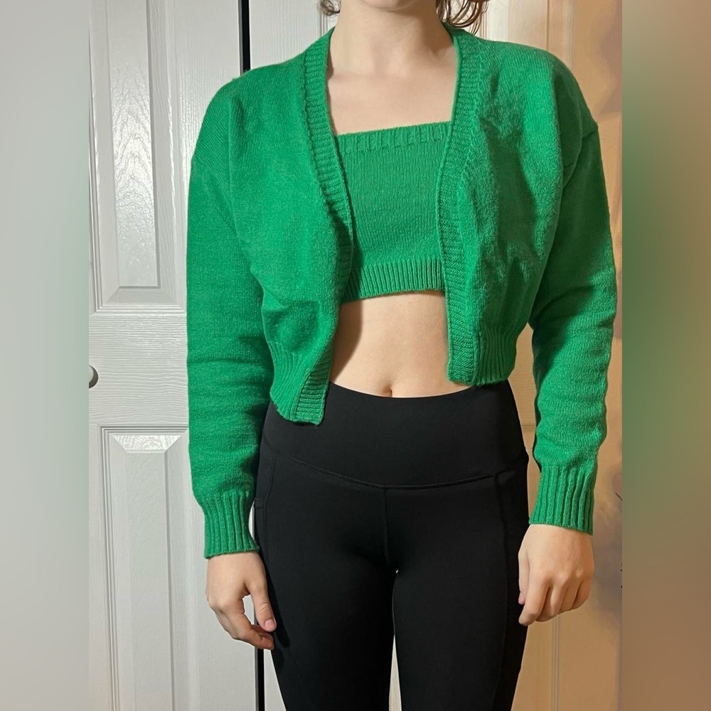 SHEIN Bright Green Cropped Knit Cardigan & Tank Set